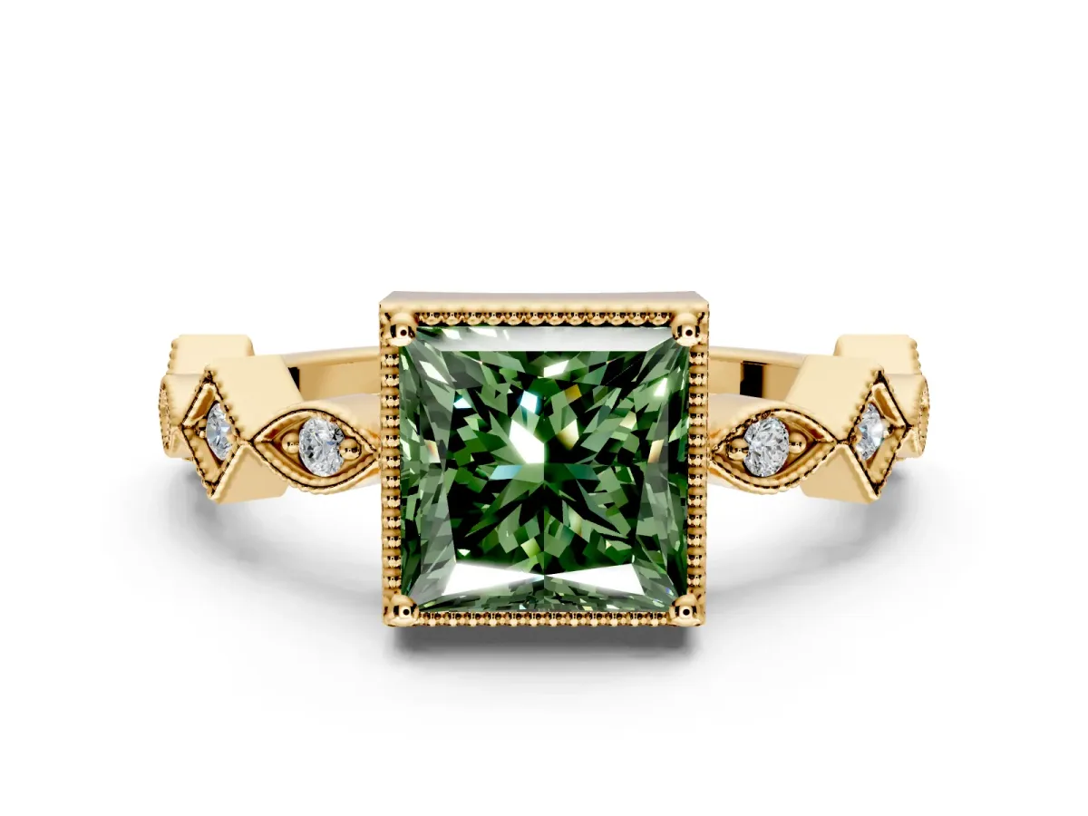 Milgrain Bezel Engagement Ring Setting for Fancy Green Princess Cut Center with Marquise Stations and Bezel Head in Yellow Gold