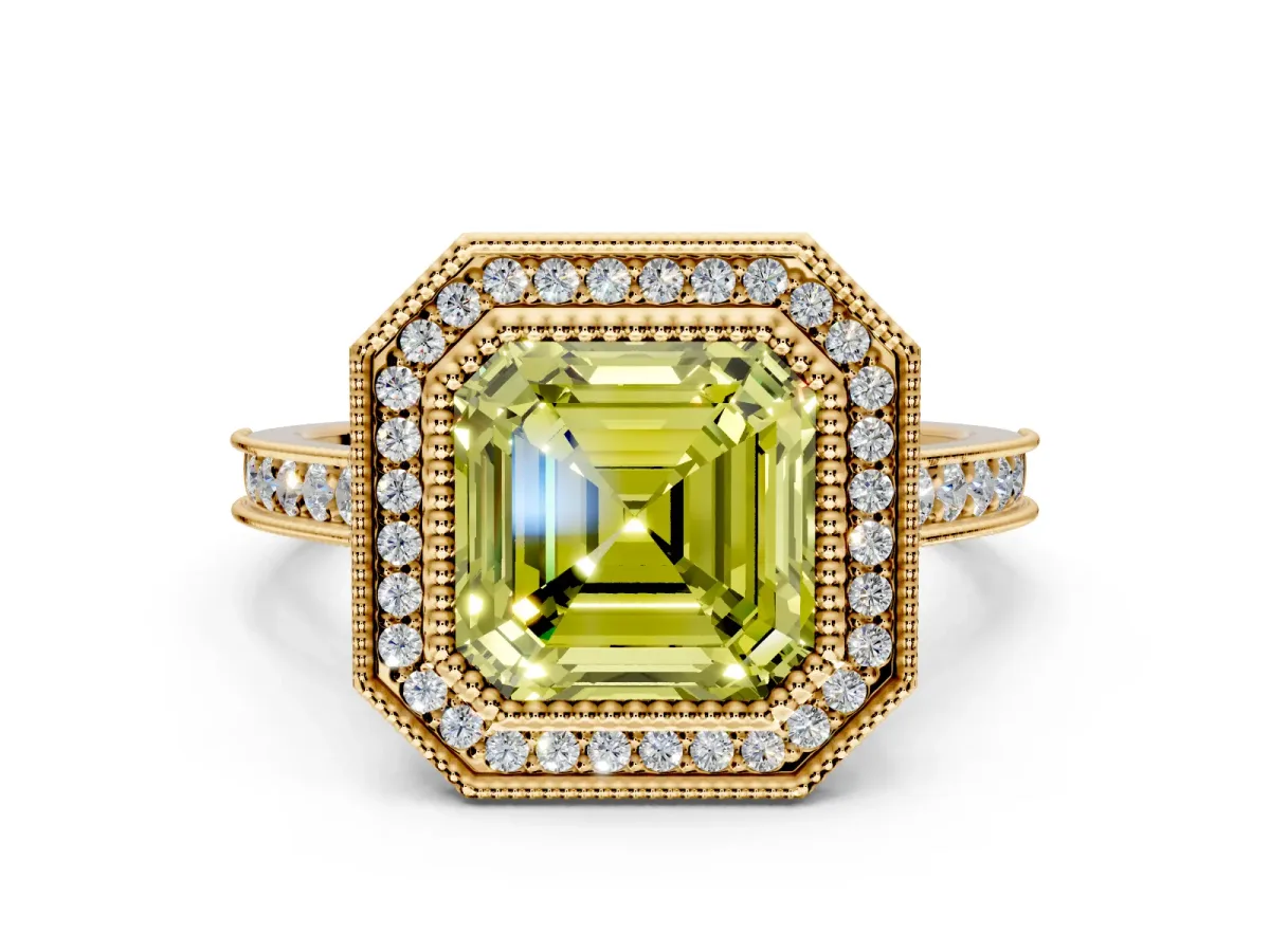 Halo Engagement Ring Setting for Fancy Yellow Asscher Cut Center with Milgrain Pave Band and Bezel Head in Yellow Gold