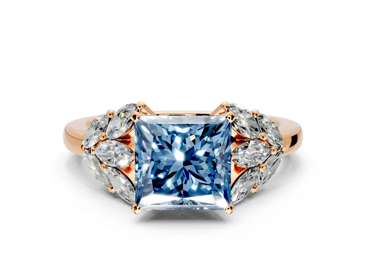 Leaf Cluster Engagement Ring Setting for Fancy Blue Princess Cut Center with Marquise Accents and Prong Head in Rose Gold