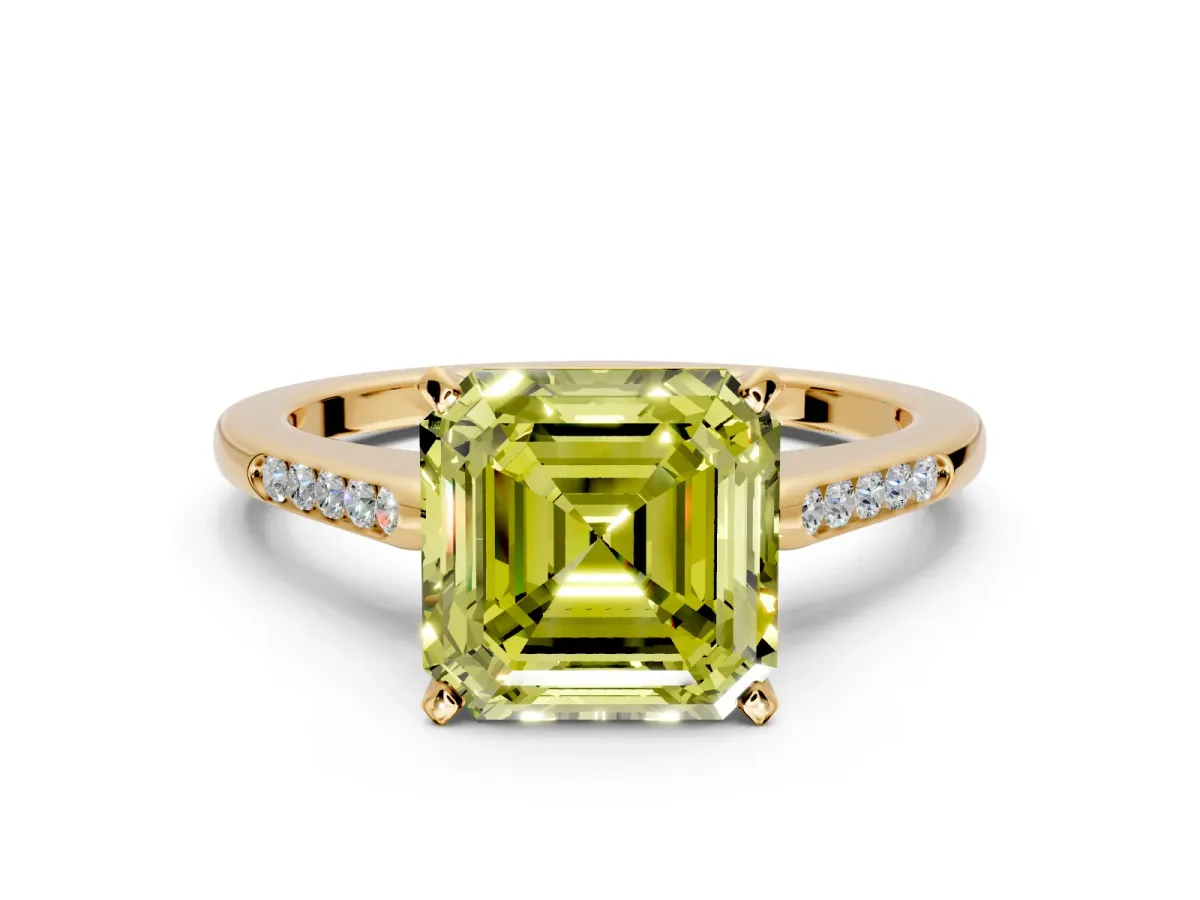 Solitaire Engagement Ring Setting for Fancy Yellow Asscher Cut Center with Channel Accents and Prong Head in Yellow Gold