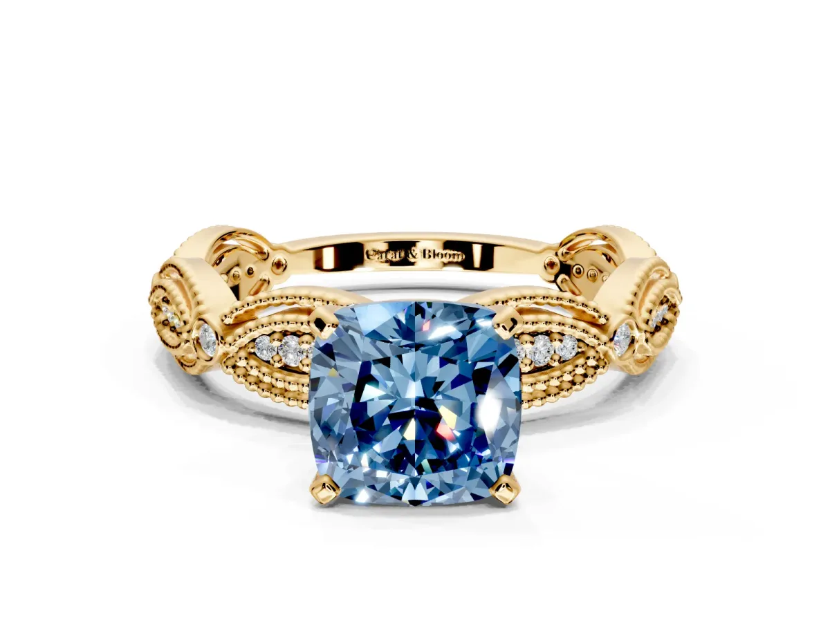 Solitaire Engagement Ring Setting for Fancy Blue Cushion Cut Center with Marquise Panel Band and Prong Head in Yellow Gold