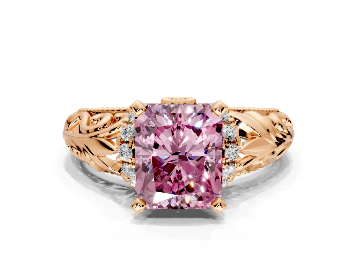 Solitaire Engagement Ring Setting for Fancy Pink Radiant Cut Center with Filigree Accent Basket and Prong Head in Rose Gold