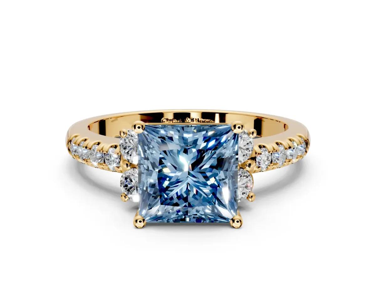 Paired Accent Engagement Ring Setting for Fancy Blue Princess Cut Center with Pave Band and Prong Head in Yellow Gold