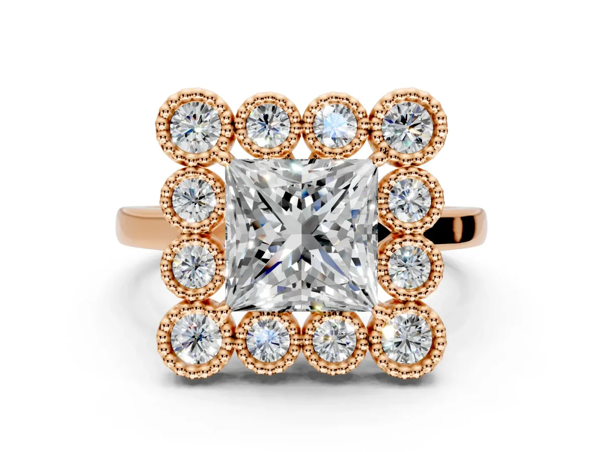 Cluster Halo Engagement Ring Setting for Princess Cut Center with Milgrain Bezel Accents and Prong Head in Rose Gold