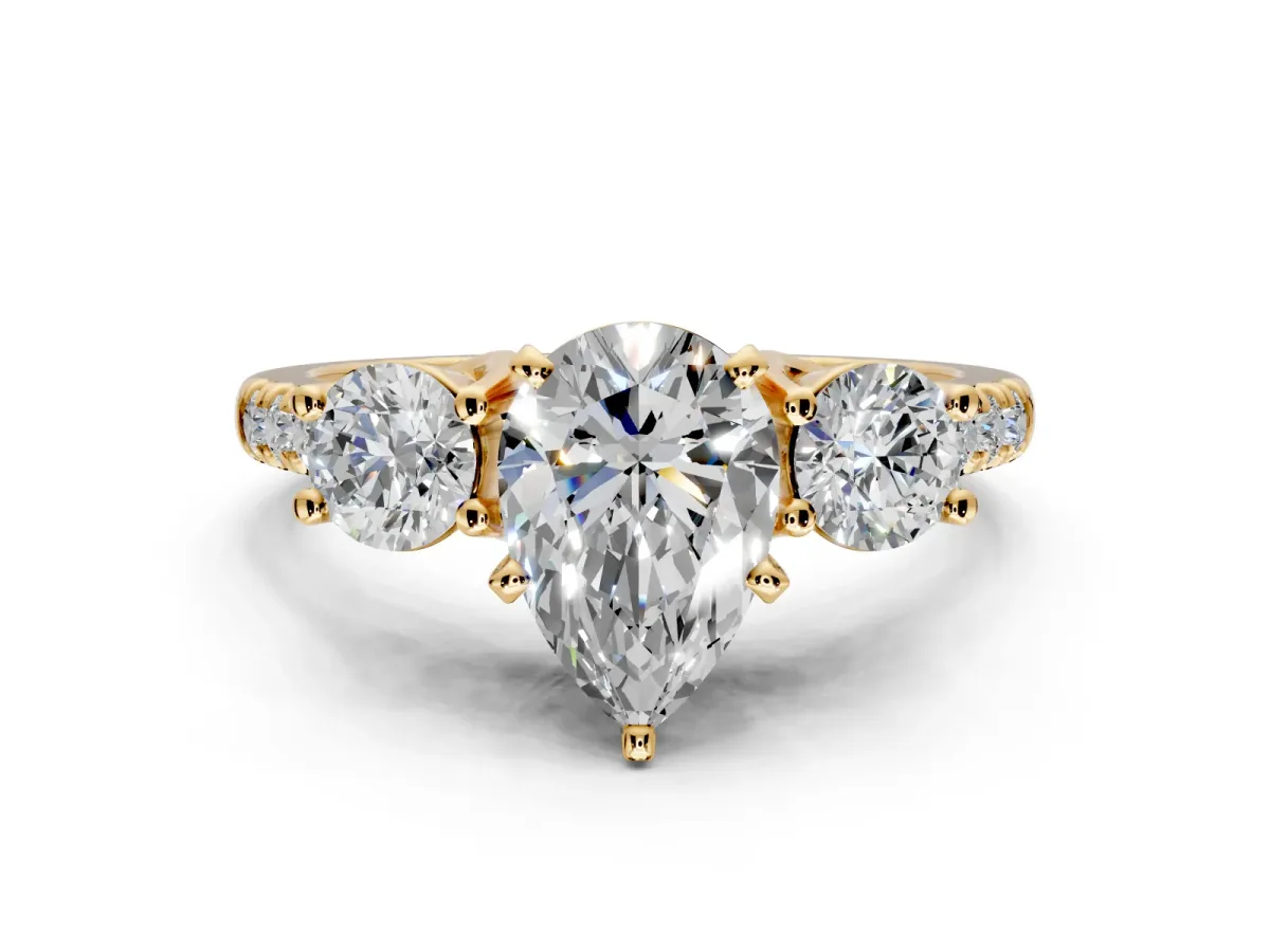 3 Stone Engagement Ring Setting for Pear-Shaped Center with Crossover Basket, Pave Band and Prong Head in Yellow Gold