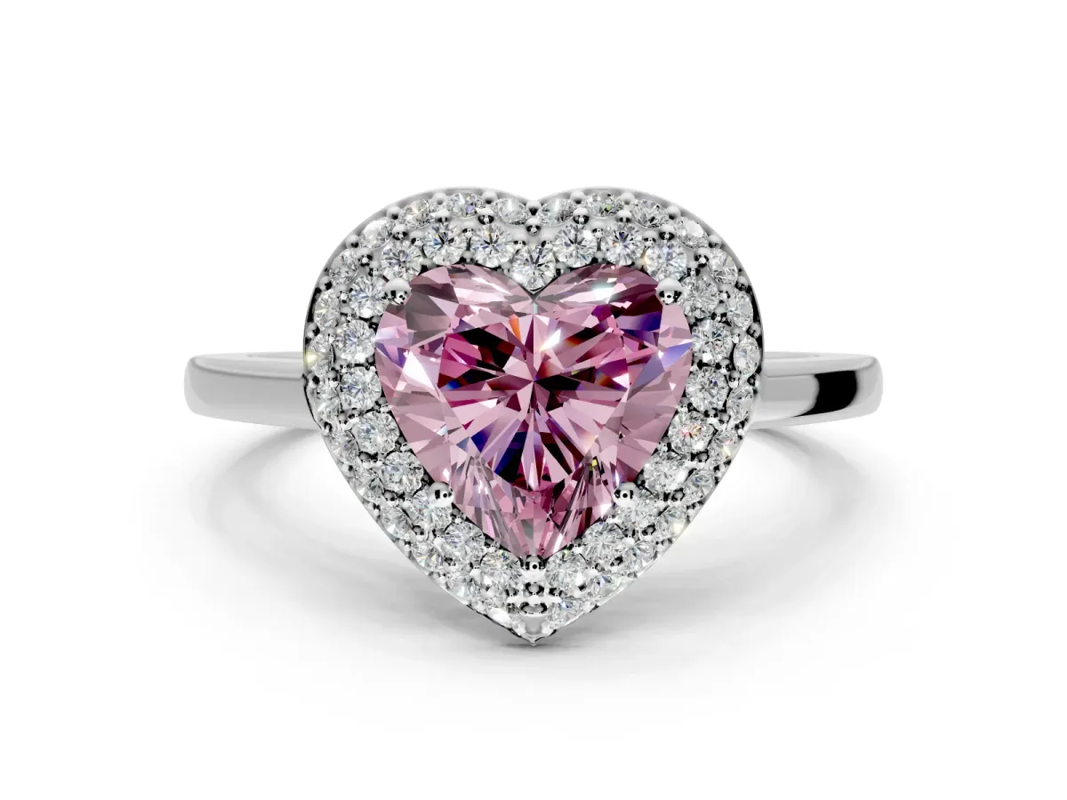 Halo Engagement Ring Setting for Fancy Pink Heart-Shaped Center with Plain Tapered Band and Prong Head in White Gold
