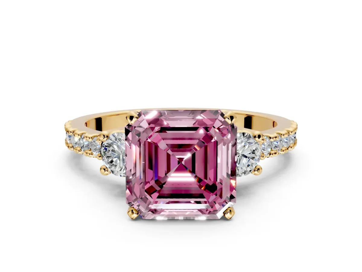 3 Stone Engagement Ring Setting for Fancy Pink Asscher Cut Center with Round Cut Side Accents and Prong Head in Yellow Gold