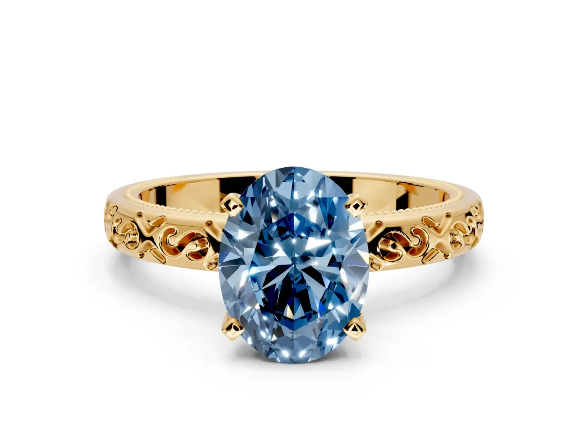 Solitaire Engagement Ring Setting for Fancy Blue Oval Center with Scrollwork Band and Prong Head in Yellow Gold