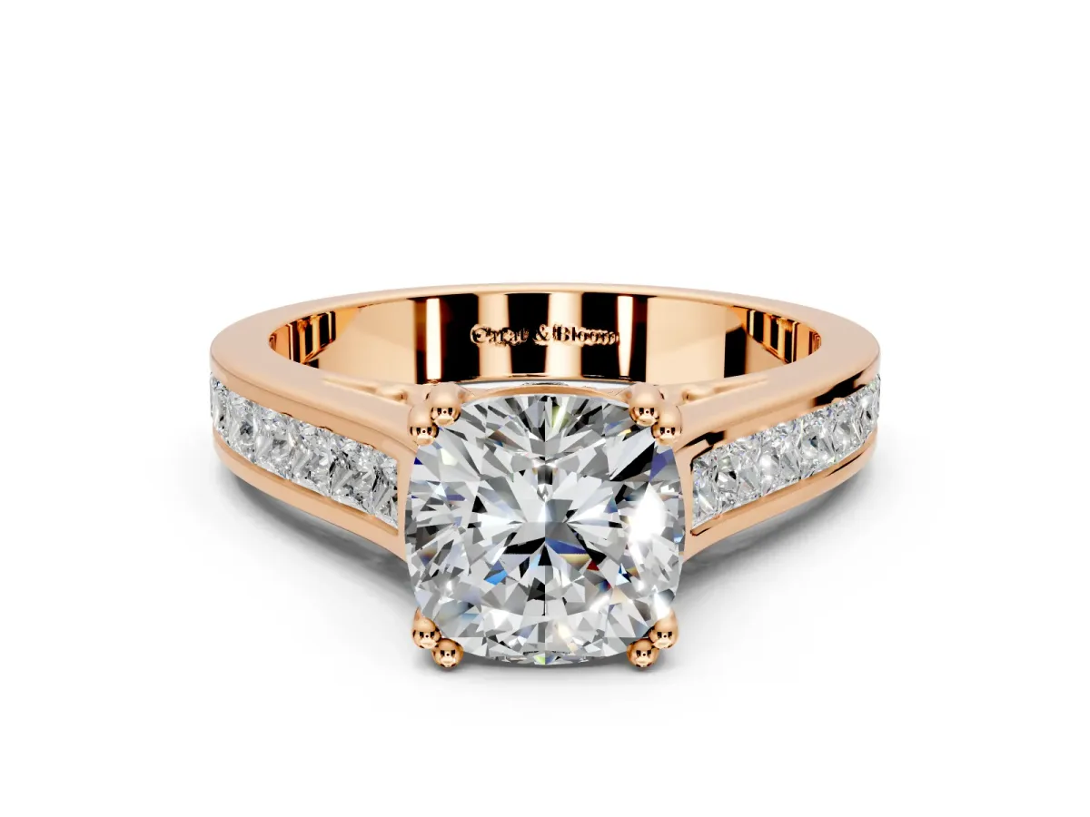 Solitaire Engagement Ring Setting for Cushion Cut Center with Channel Band and Double Claw Prong Head in Rose Gold
