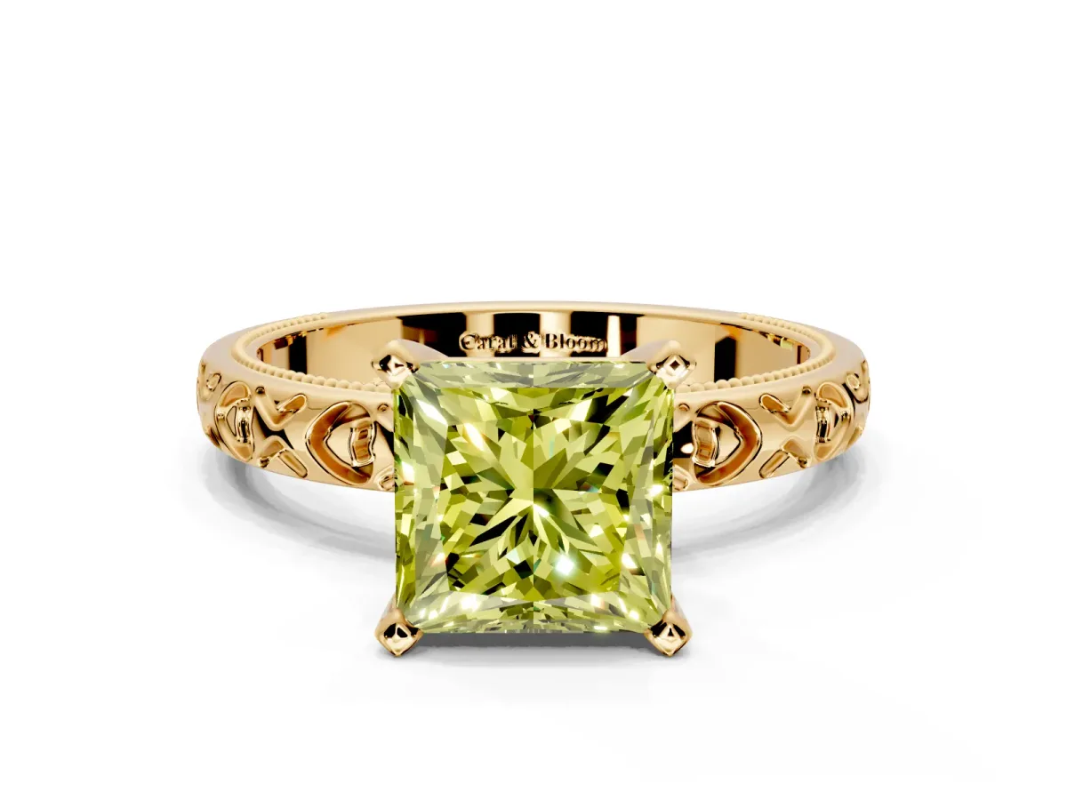 Solitaire Engagement Ring Setting for Fancy Yellow Princess Cut Center with XO Engraved Band and Prong Head in Yellow Gold