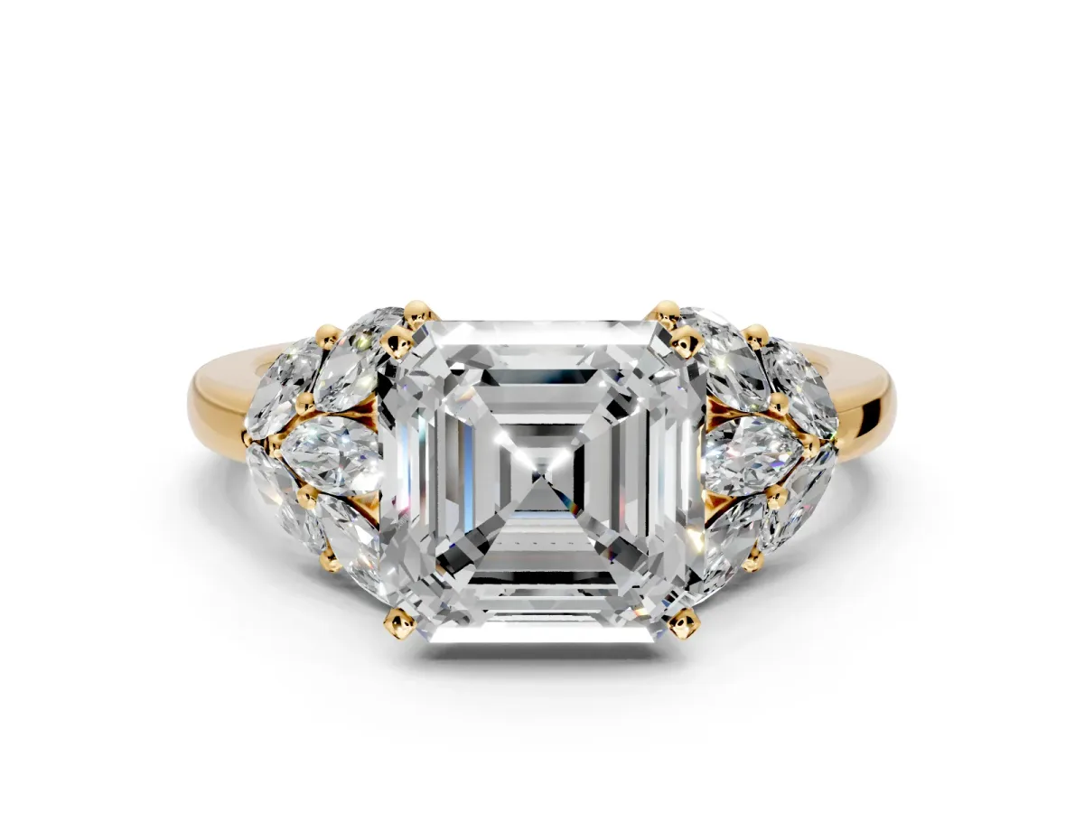 Leaf Cluster Engagement Ring Setting for Asscher Cut Center with Marquise Accents and Prong Head in Yellow Gold