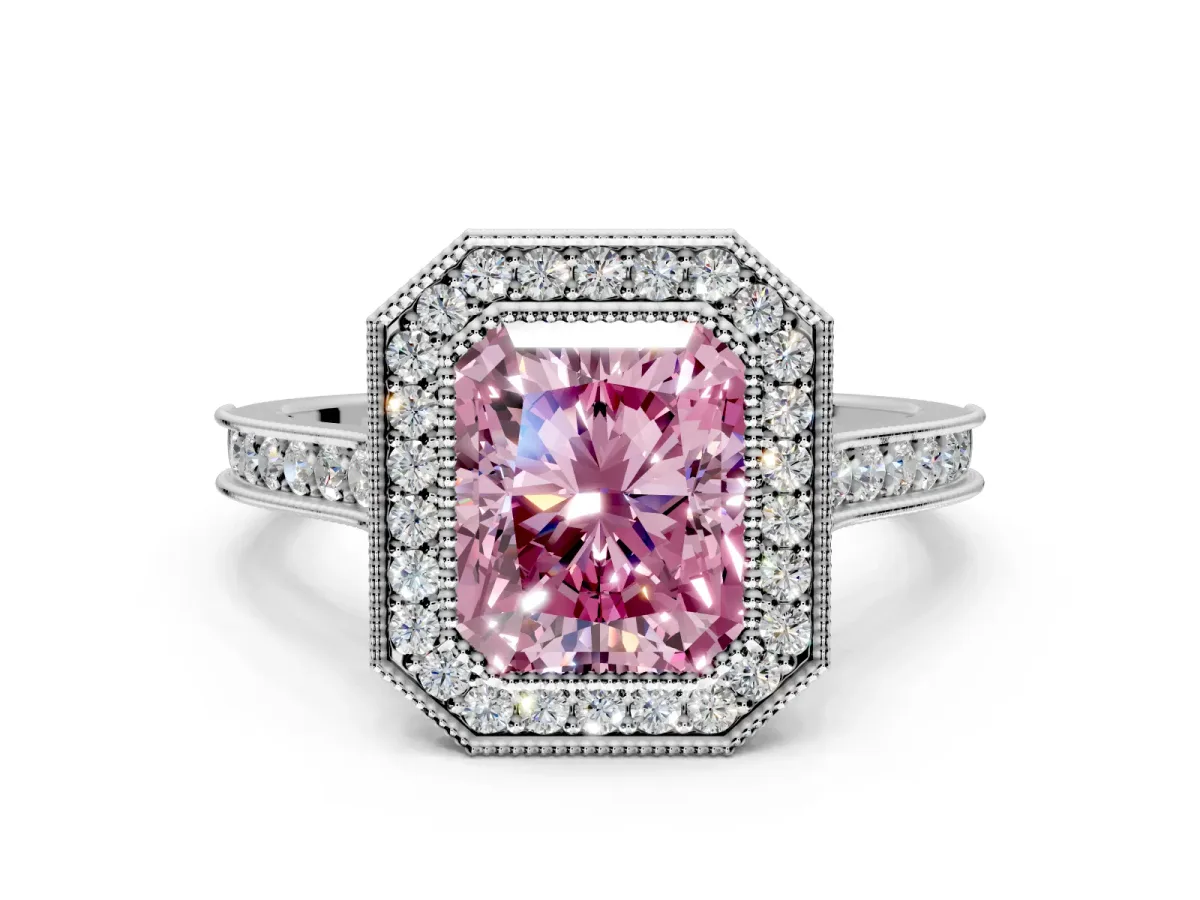 Halo Engagement Ring Setting for Fancy Pink Radiant Cut Center with Milgrain Pave Band and Bezel Head in Platinum
