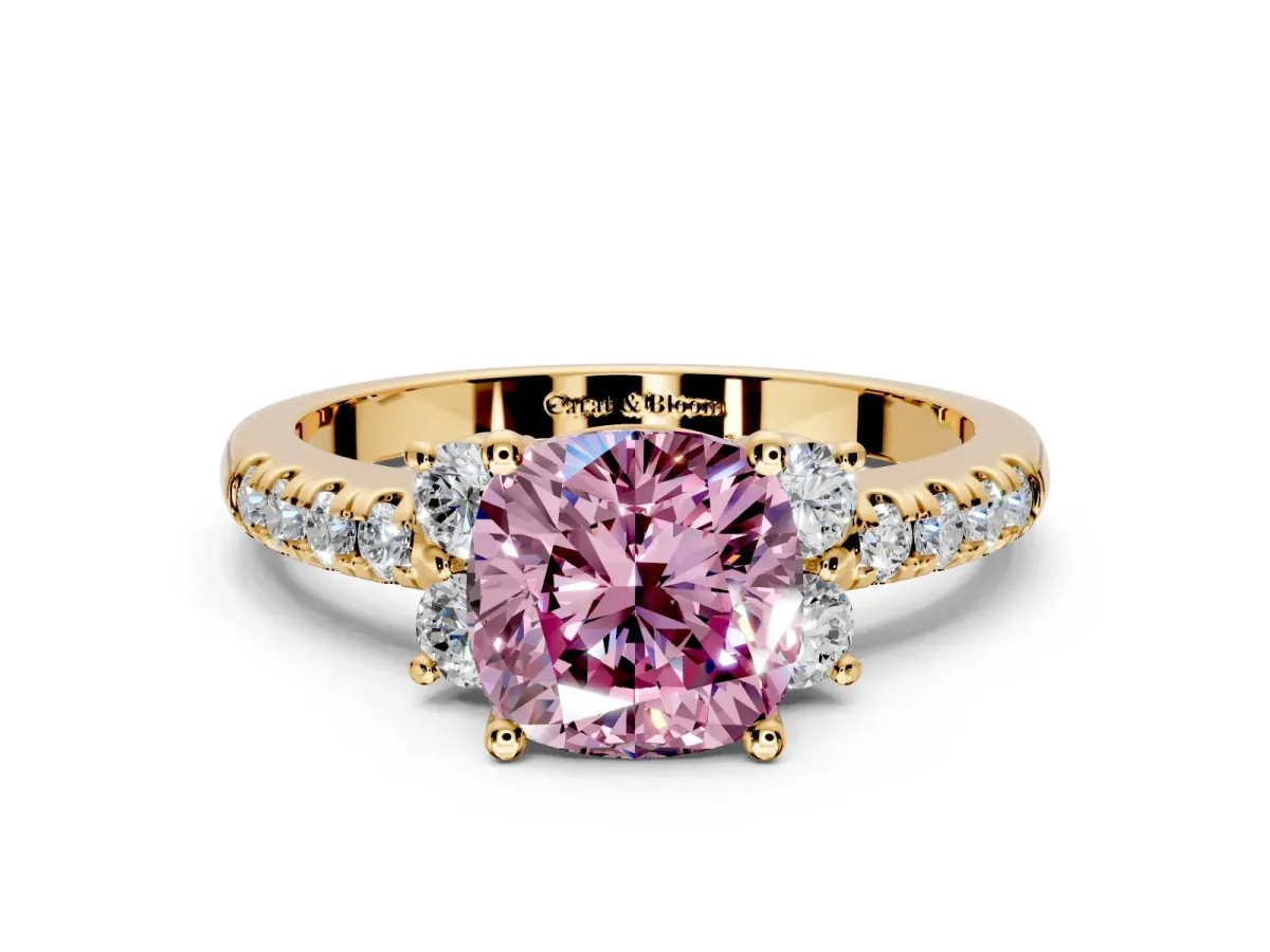 Paired Accent Engagement Ring Setting for Fancy Pink Cushion Cut Center with Pave Band and Prong Head in Yellow Gold