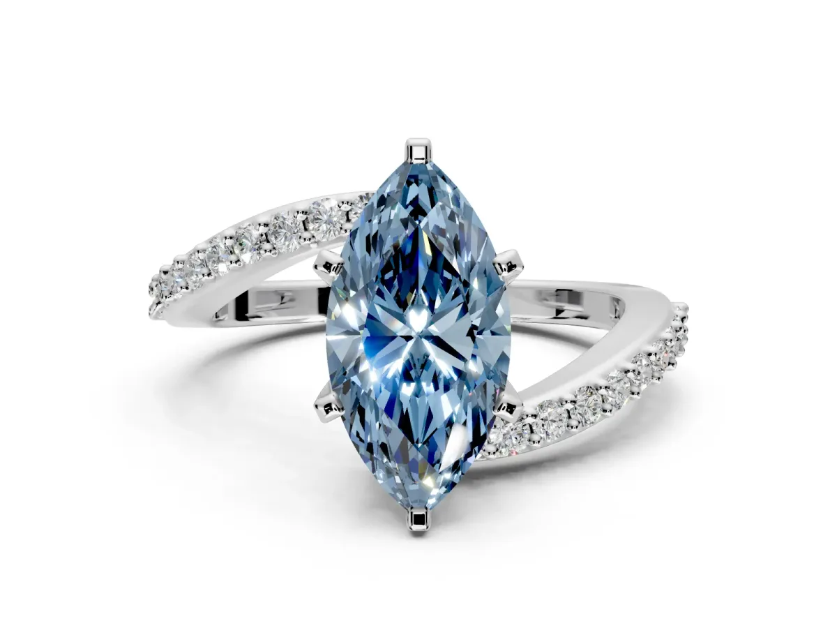 Solitaire Engagement Ring Setting for Fancy Blue Marquise Center with Pave Bypass Swirl Band and Prong Head in Platinum
