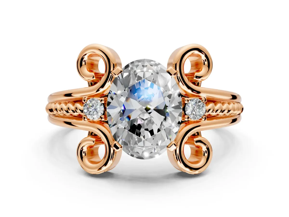 Solitaire Engagement Ring Setting for Oval Center with Twisted Band and Scroll Prong Head in Rose Gold