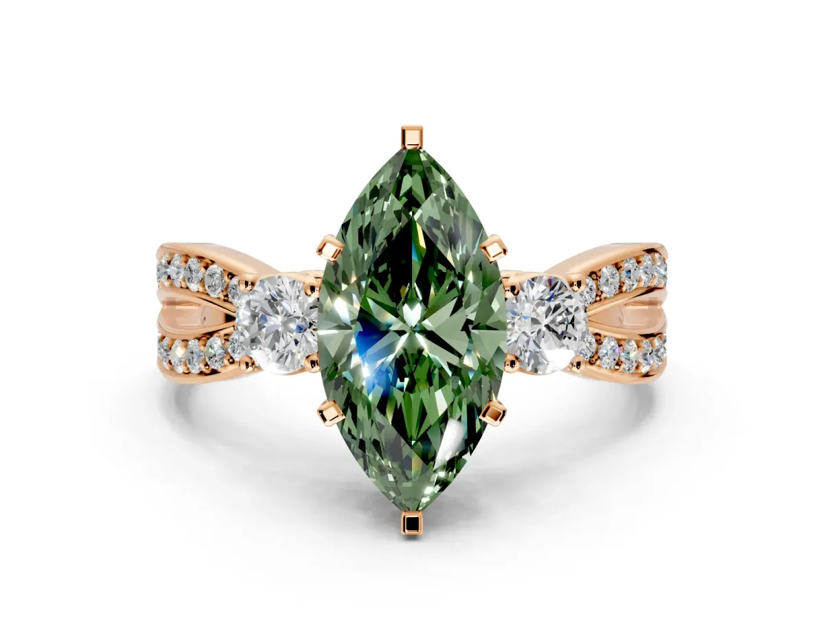 3 Stone Engagement Ring Setting for Fancy Green Marquise Center with Pave Twist Band and Prong Head in Rose Gold