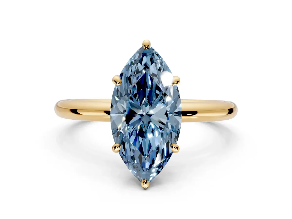 Low-Set Solitaire Engagement Ring Setting for Fancy Blue Oval Center with Thin Plain Band and Prong Head in Yellow Gold