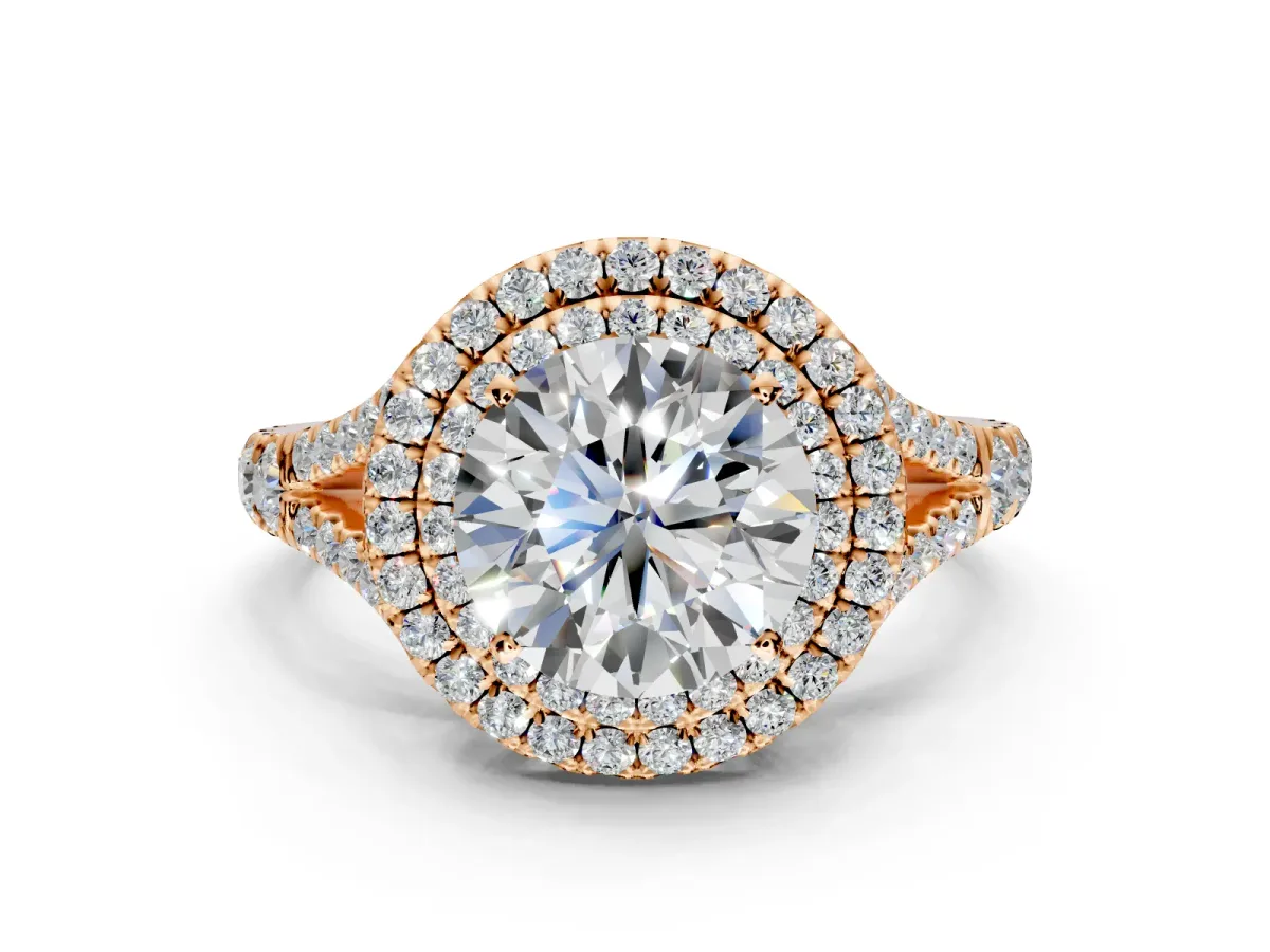 Double Halo Engagement Ring Setting for Round Cut Center with Narrow Pave Split Shank and Prong Head in Rose Gold