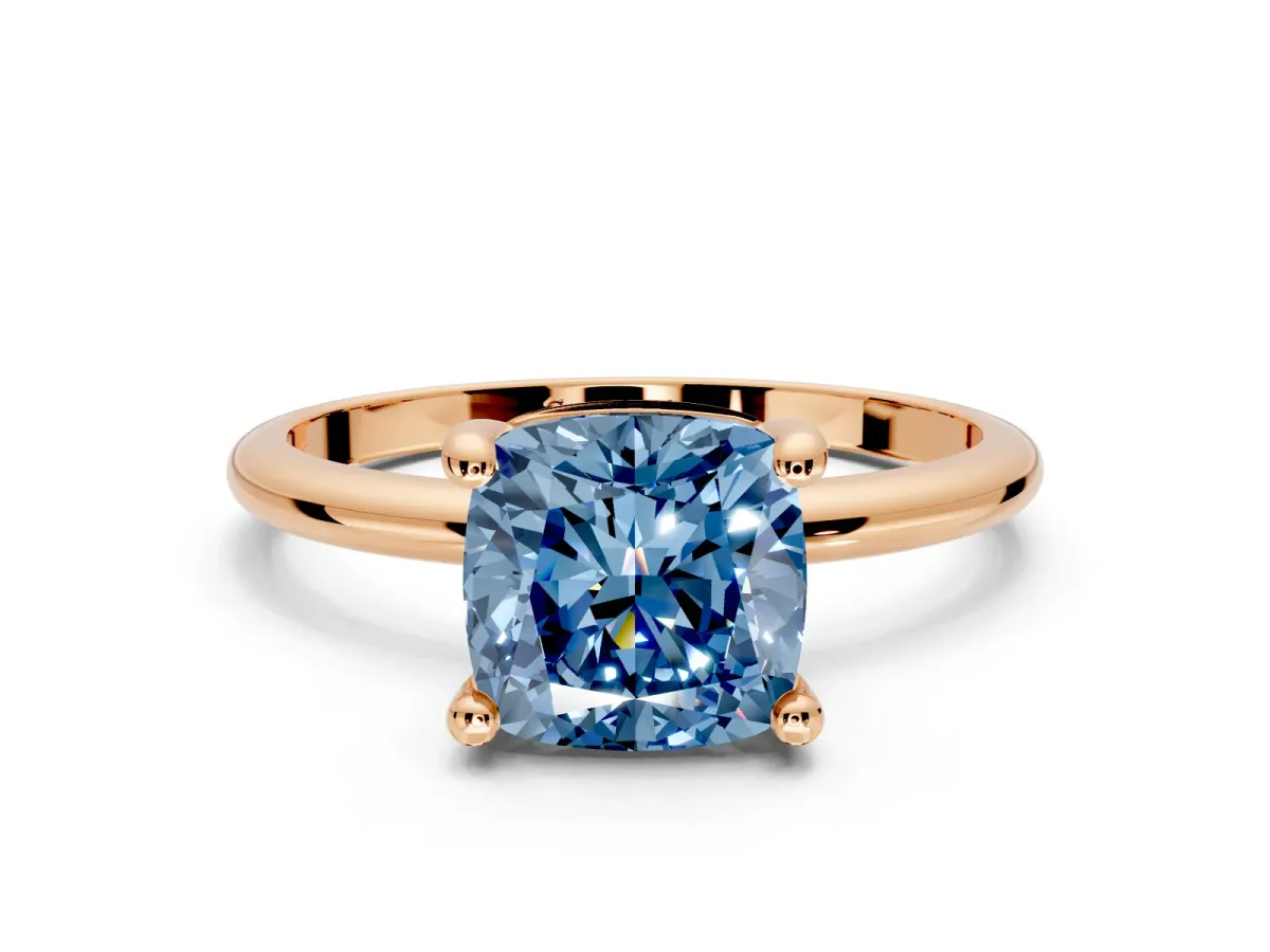 Minimalist Solitaire Engagement Ring Setting for Fancy Blue Cushion Cut Center with Thin Band and Prong Head in Rose Gold