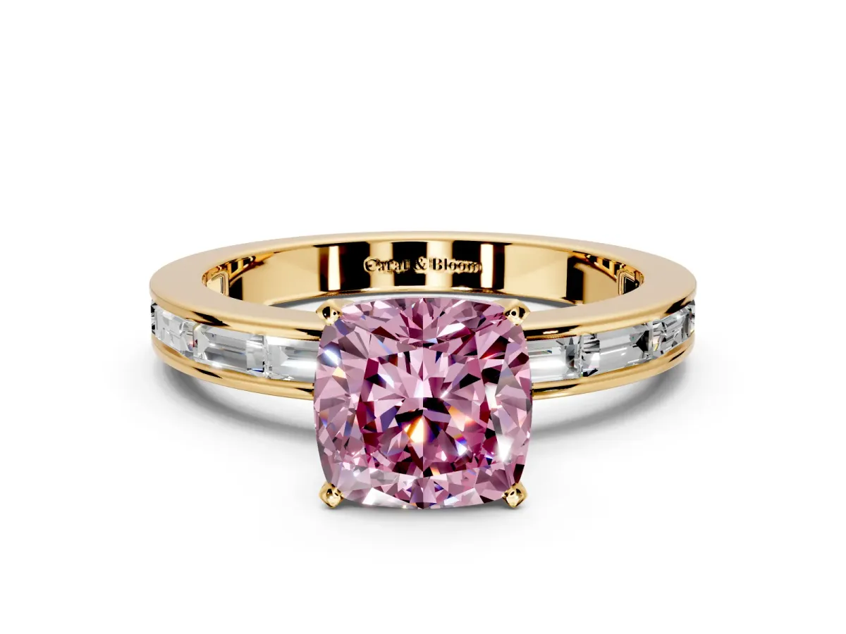 Solitaire Engagement Ring Setting for Fancy Pink Cushion Cut Center with Channel Baguette Band and Prong Head in Yellow Gold