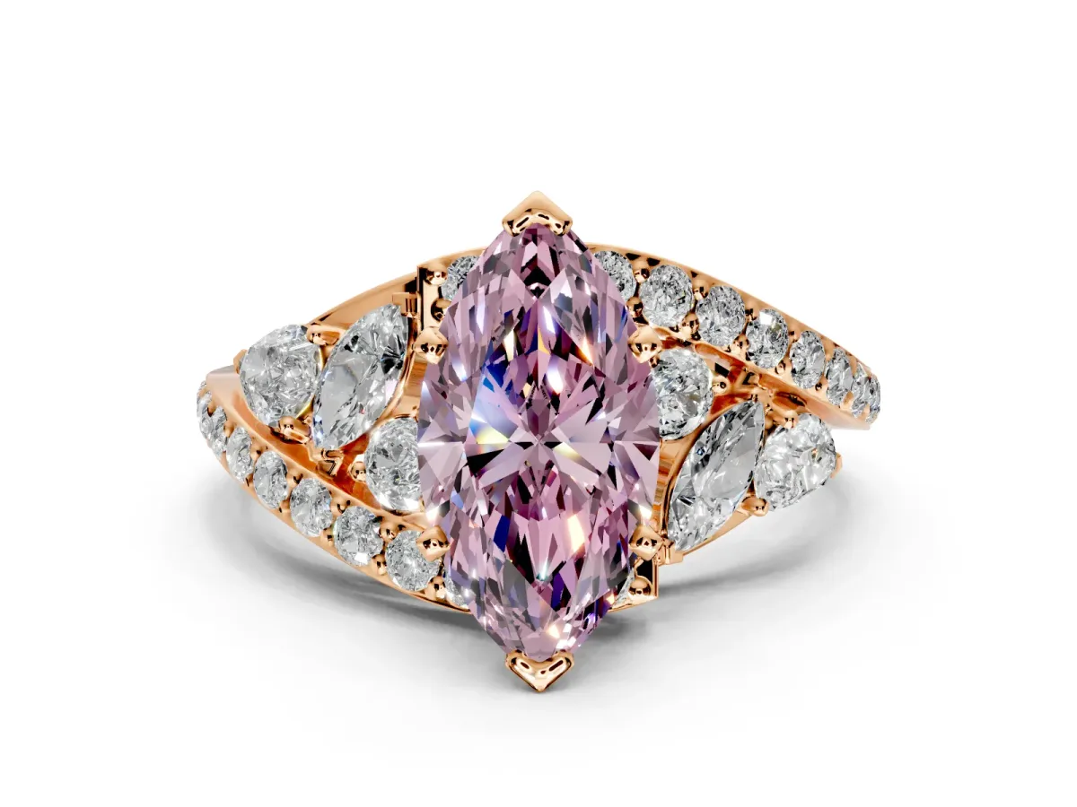 Halo Engagement Ring Setting for Fancy Pink Marquise Center with Marquise and Pave Bypass Band and Prong Head in Rose Gold