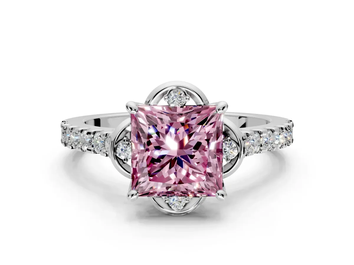 Floral Engagement Ring Setting for Fancy Pink Princess Cut Center with Pave Band and Floral Prong Head in Sterling Silver