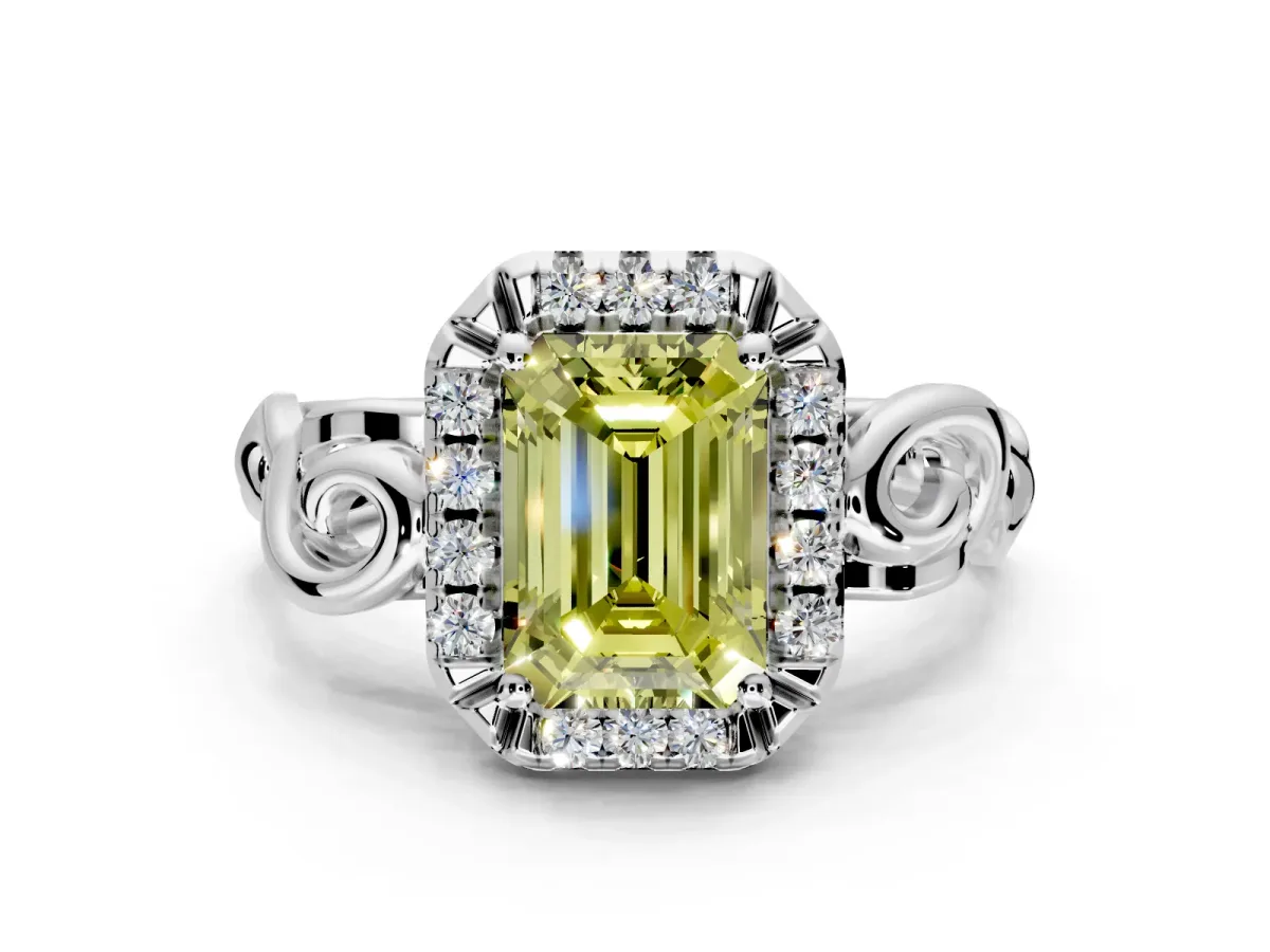 Halo Engagement Ring Setting for Fancy Yellow Emerald Cut Center with Open Scroll Shoulders and Prong Head in Sterling Silver