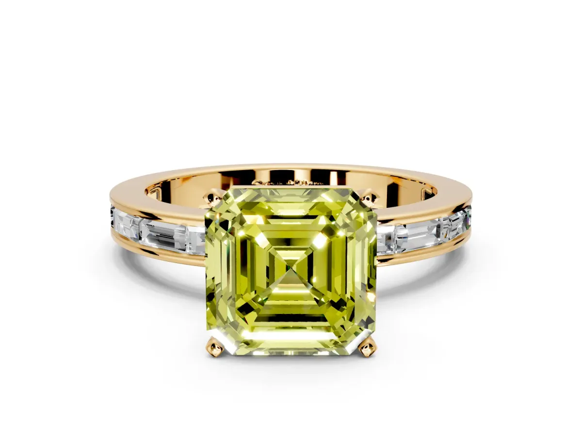 Solitaire Engagement Ring Setting for Fancy Yellow Asscher Cut Center with Channel Baguette Band and Prong Head in Yellow Gold