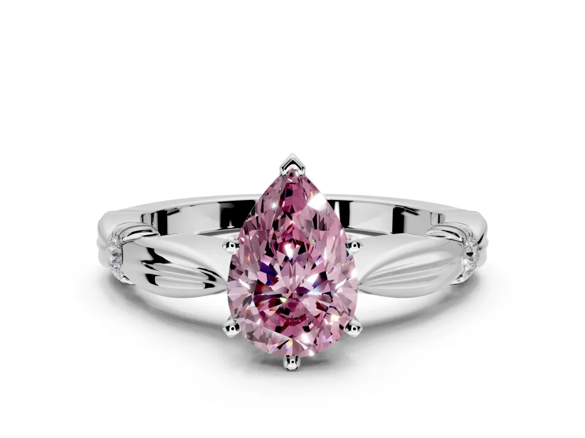 Solitaire Engagement Ring Setting for Fancy Pink Pear-Shaped Center with Carved Leaf Shoulders and Prong Head in White Gold