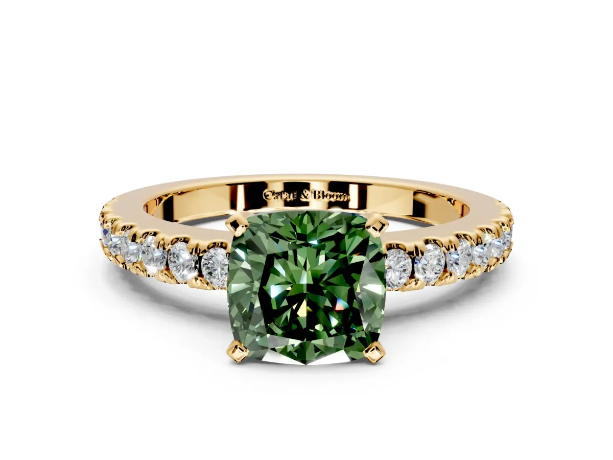 Solitaire Engagement Ring Setting for Fancy Green Cushion Cut Center with Single Row Accent Band and Prong Head in Yellow Gold