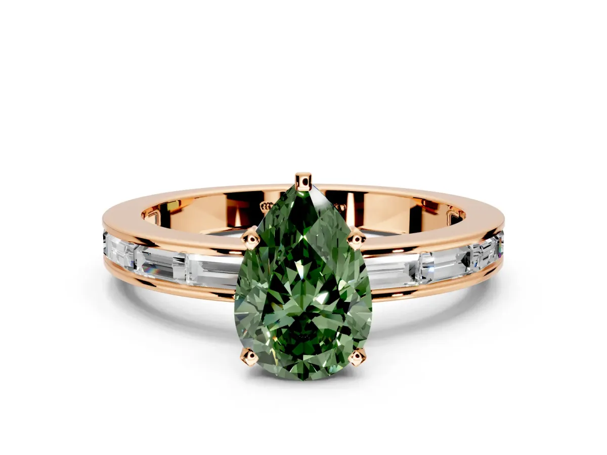 Solitaire Engagement Ring Setting for Fancy Green Pear-Shaped Center with Channel Baguette Band and Prong Head in Rose Gold