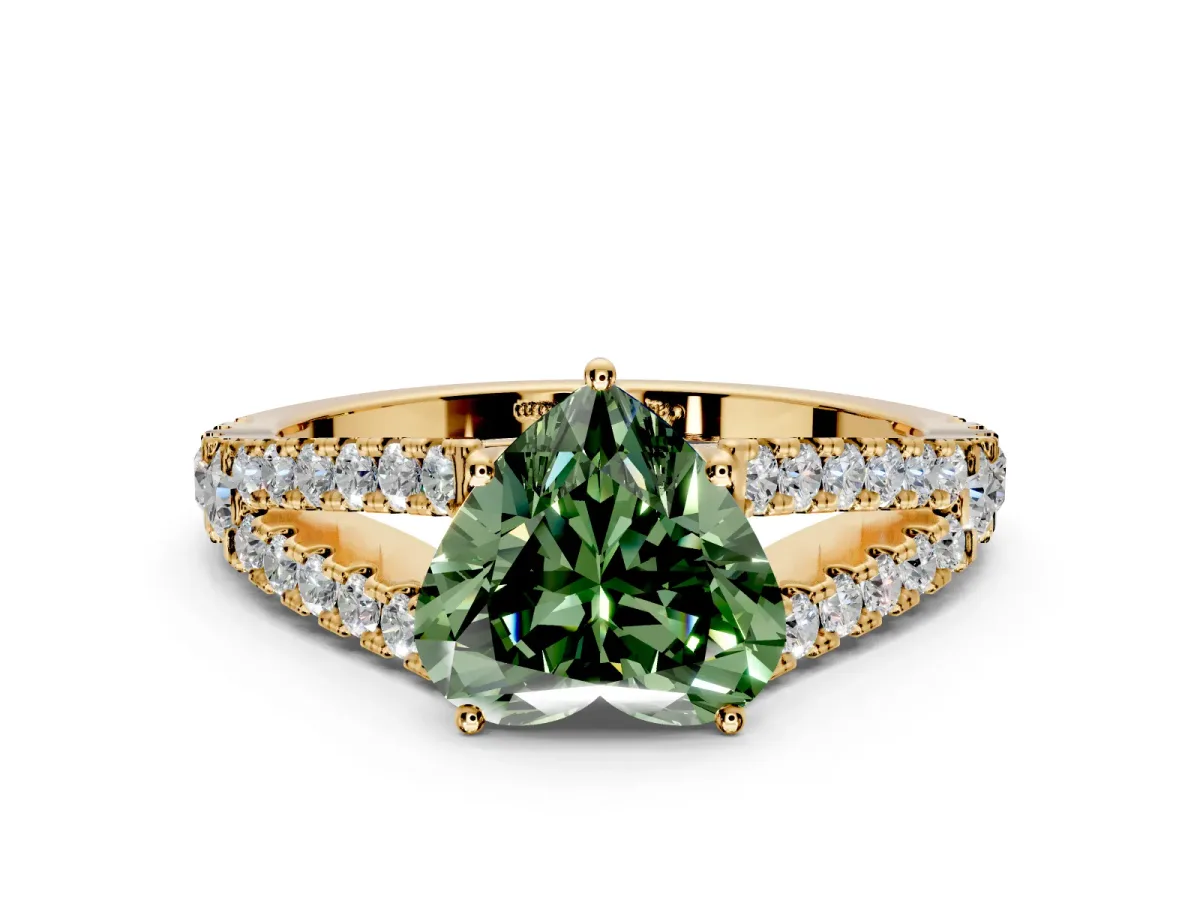 Solitaire Engagement Ring Setting for Fancy Green Heart-Shaped Center with Pave Split Shank and Prong Head in Yellow Gold