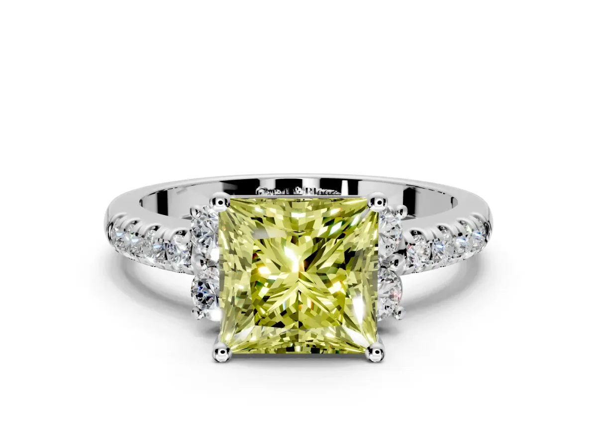 Paired Accent Engagement Ring Setting for Fancy Yellow Princess Cut Center with Pave Band and Prong Head in White Gold