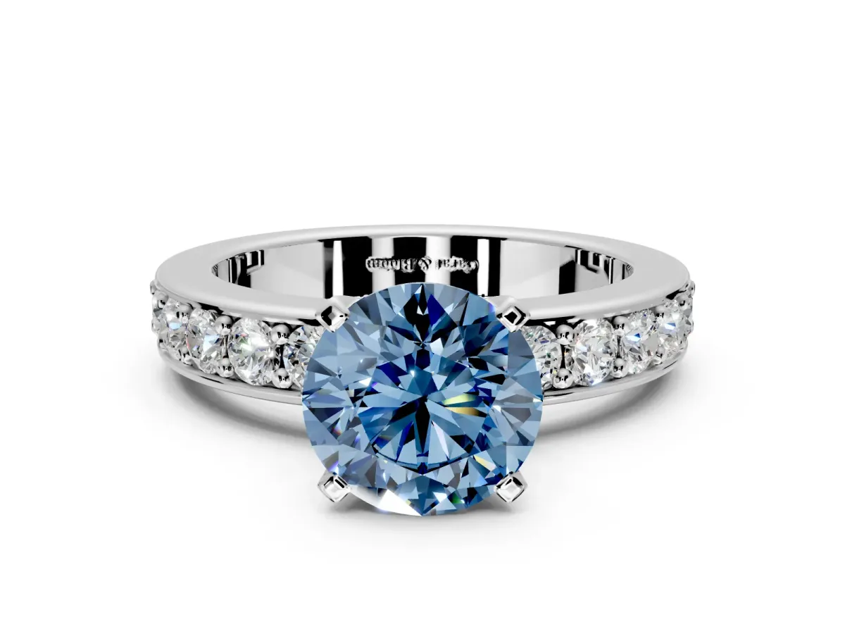 Solitaire Engagement Ring Setting for Fancy Blue Round Cut Center with Channel-Set Accents and Prong Head in Platinum