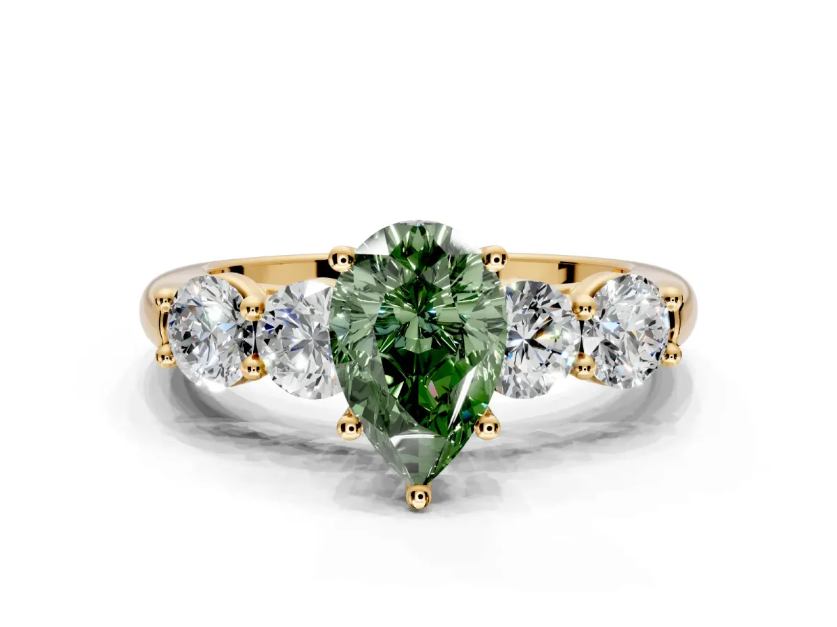 5 Stone Engagement Ring Setting for Fancy Green Pear-Shaped Center with Graduated Accents and Prong Head in Yellow Gold