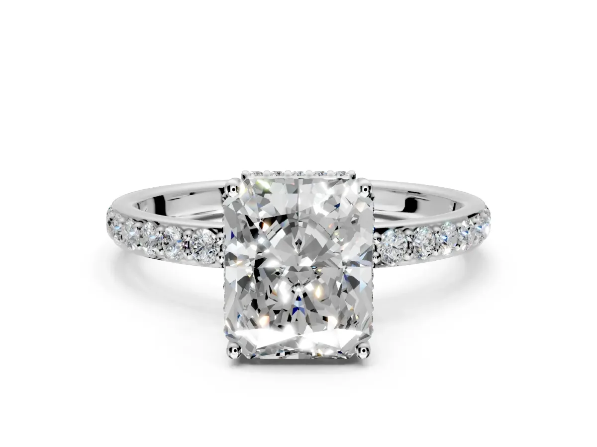 Hidden Halo Engagement Ring Setting for Radiant Cut Center with Pave Band and Prong Head in Sterling Silver