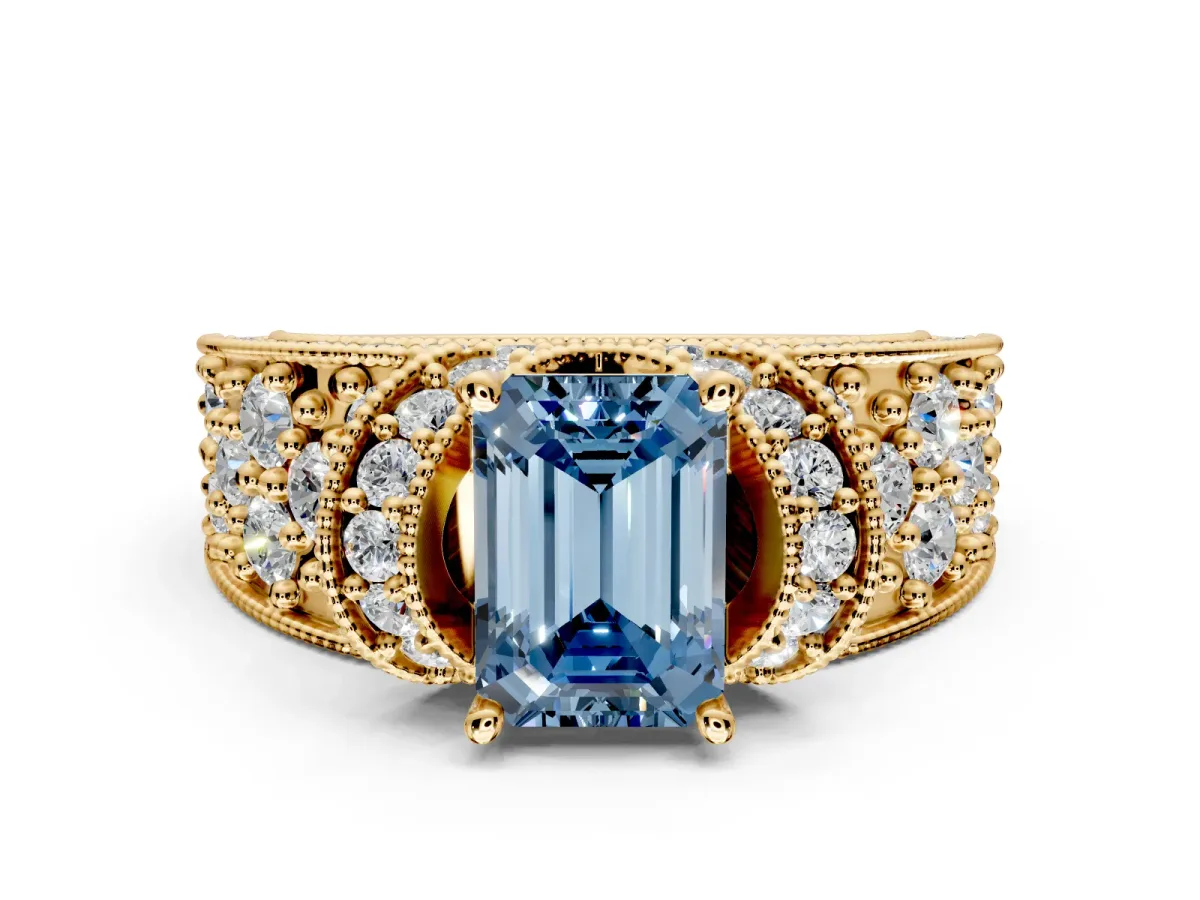 Pave Engagement Ring Setting for Fancy Blue Emerald Cut Center with Curved Accent Rows, Openwork and Prong Head in Yellow Gold