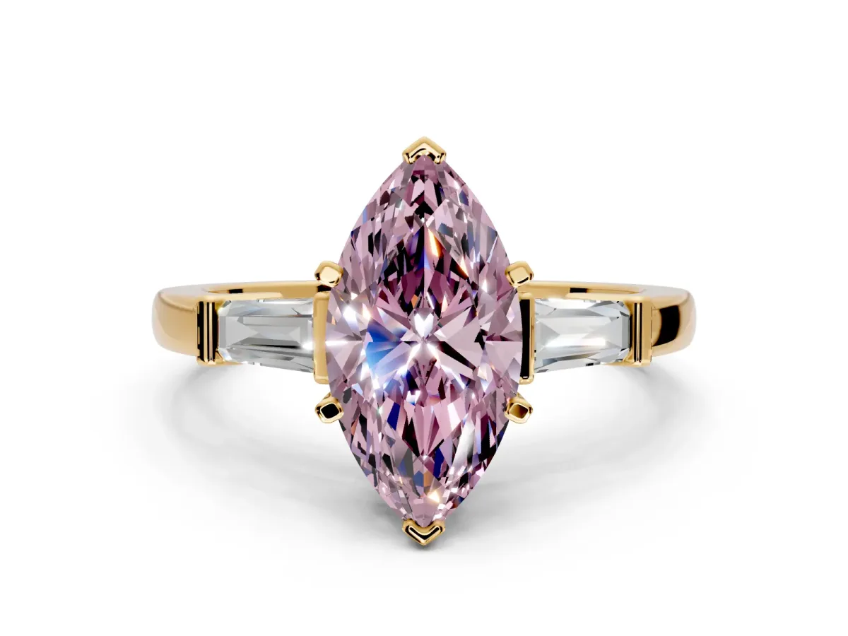 3 Stone Engagement Ring Setting for Fancy Pink Marquise Center with Channel Baguette Accents and Prong Head in Yellow Gold