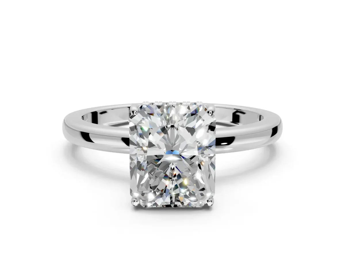 Solitaire Engagement Ring Setting for Radiant Cut Center with Fine Wire Band and Prong Head in Platinum