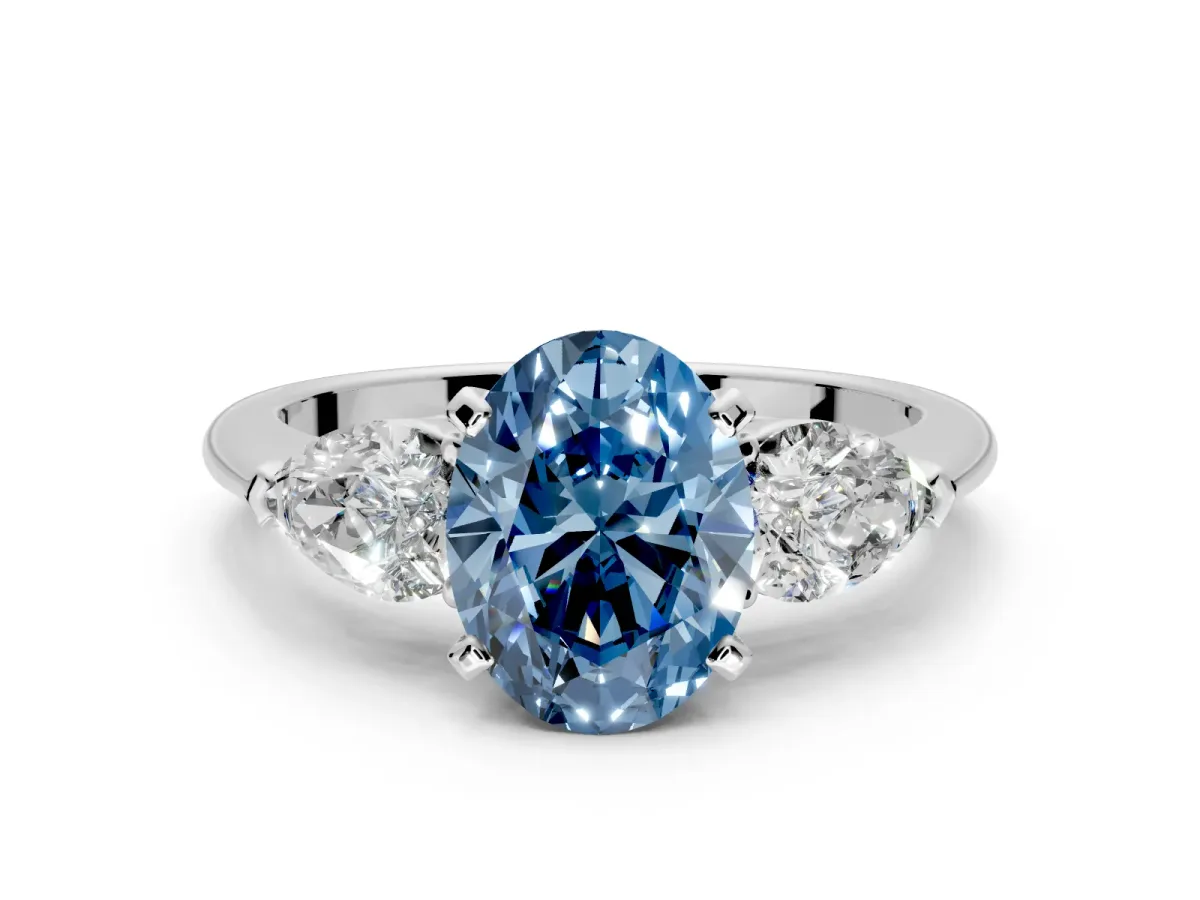 3 Stone Engagement Ring Setting for Fancy Blue Oval Center with Large Pear-Shaped Accents and Prong Head in Sterling Silver