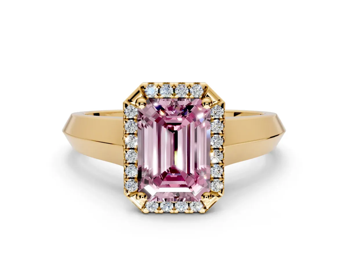 Halo Engagement Ring Setting for Fancy Pink Emerald Cut Center with Knife Ridge Cathedral Band and Prong Head in Yellow Gold