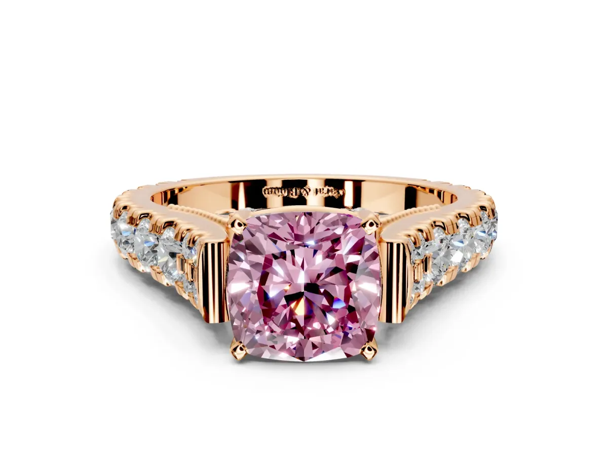 Solitaire Engagement Ring Setting for Fancy Pink Cushion Cut Center with Pave Cathedral Shoulders and Prong Head in Rose Gold