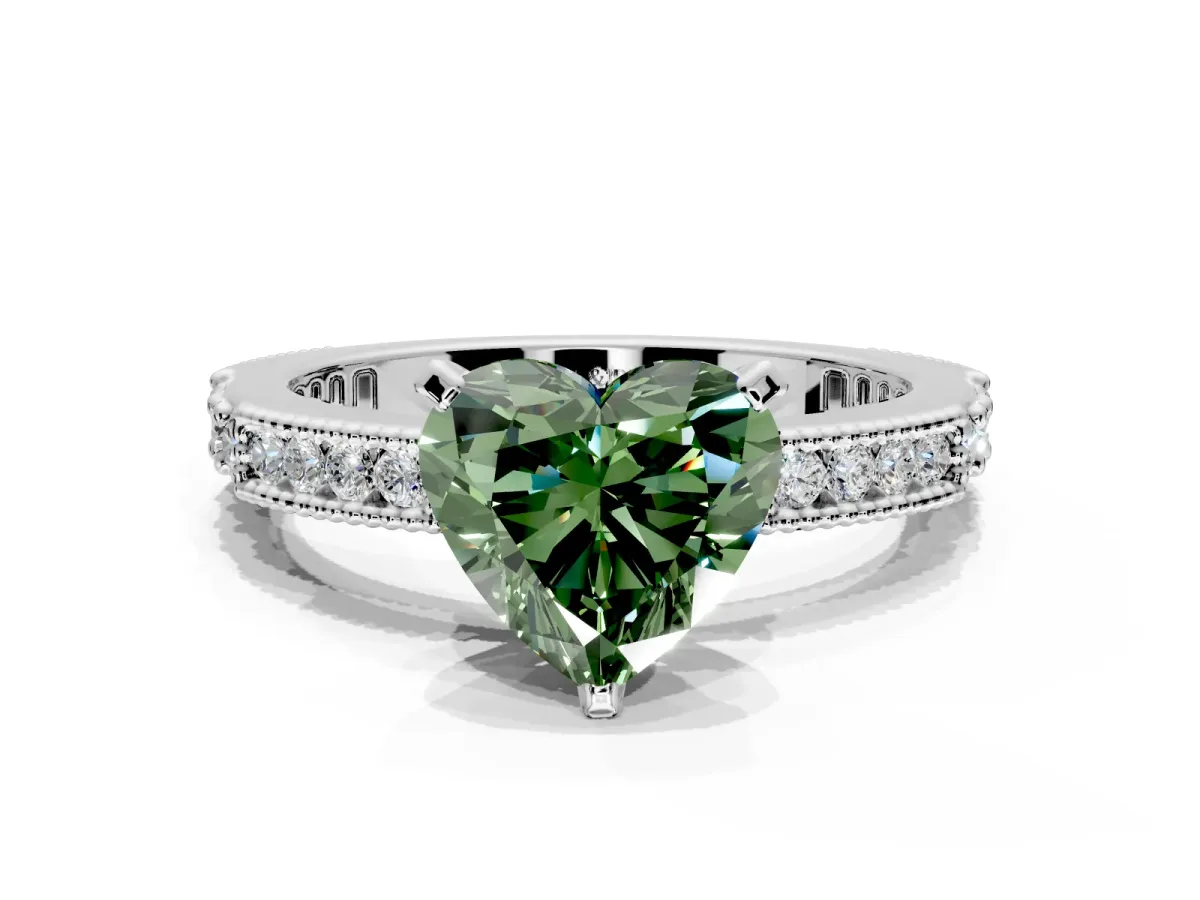 Solitaire Engagement Ring Setting for Fancy Green Heart-Shaped Center with Milgrain-Edged Pave Band and Prong Head in Sterling Silver