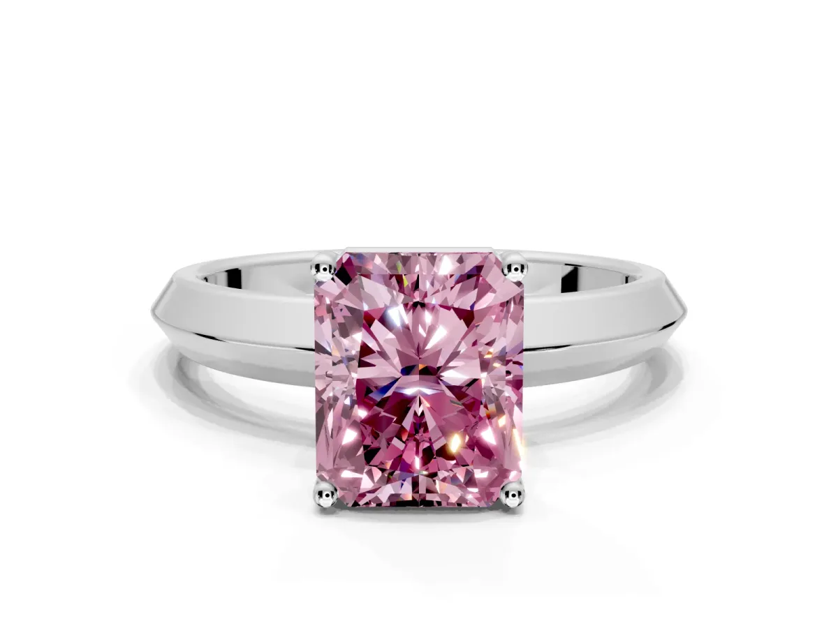 Solitaire Engagement Ring Setting for Fancy Pink Radiant Cut Center with Wide Knife Ridge Band and Prong Head in Platinum