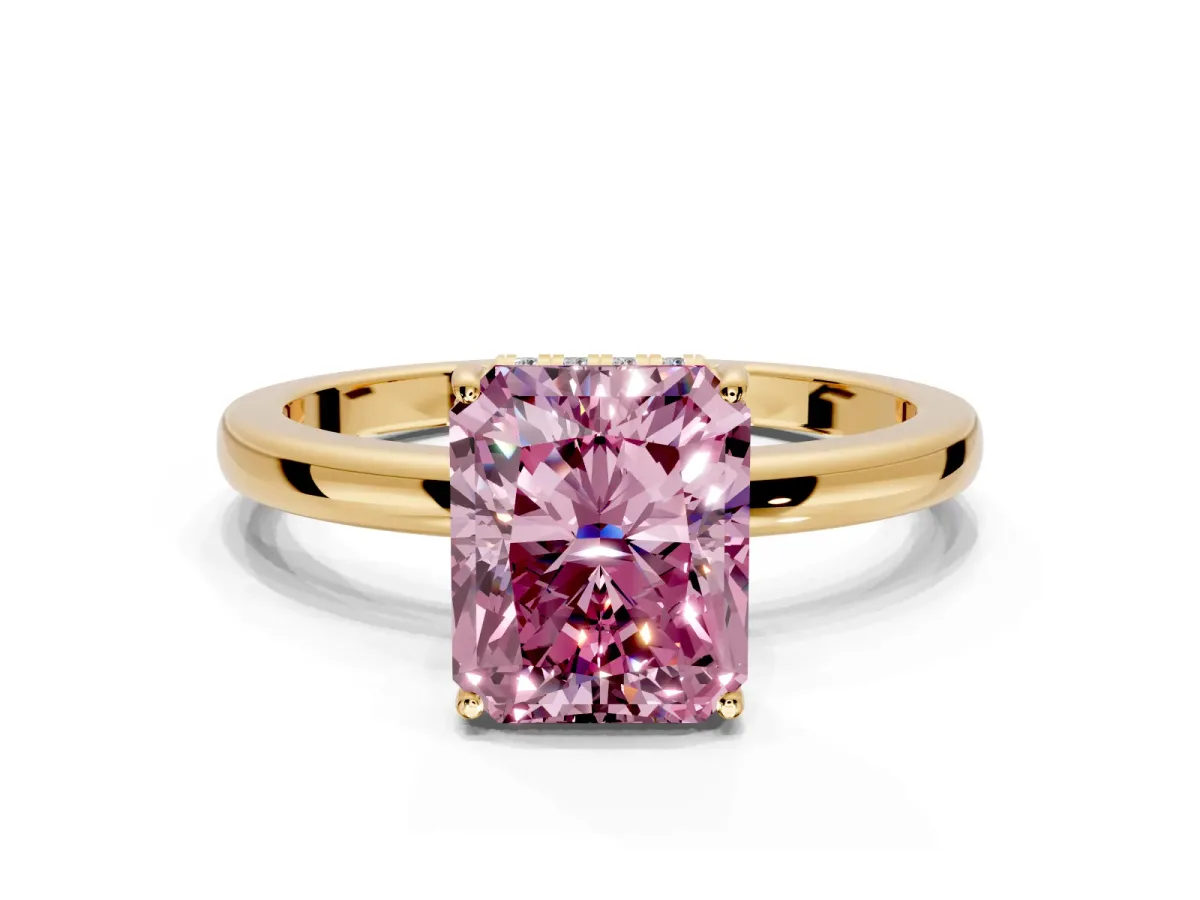 Solitaire Engagement Ring Setting for Fancy Pink Radiant Cut Center with Fine Wire Band and Prong Head in Yellow Gold