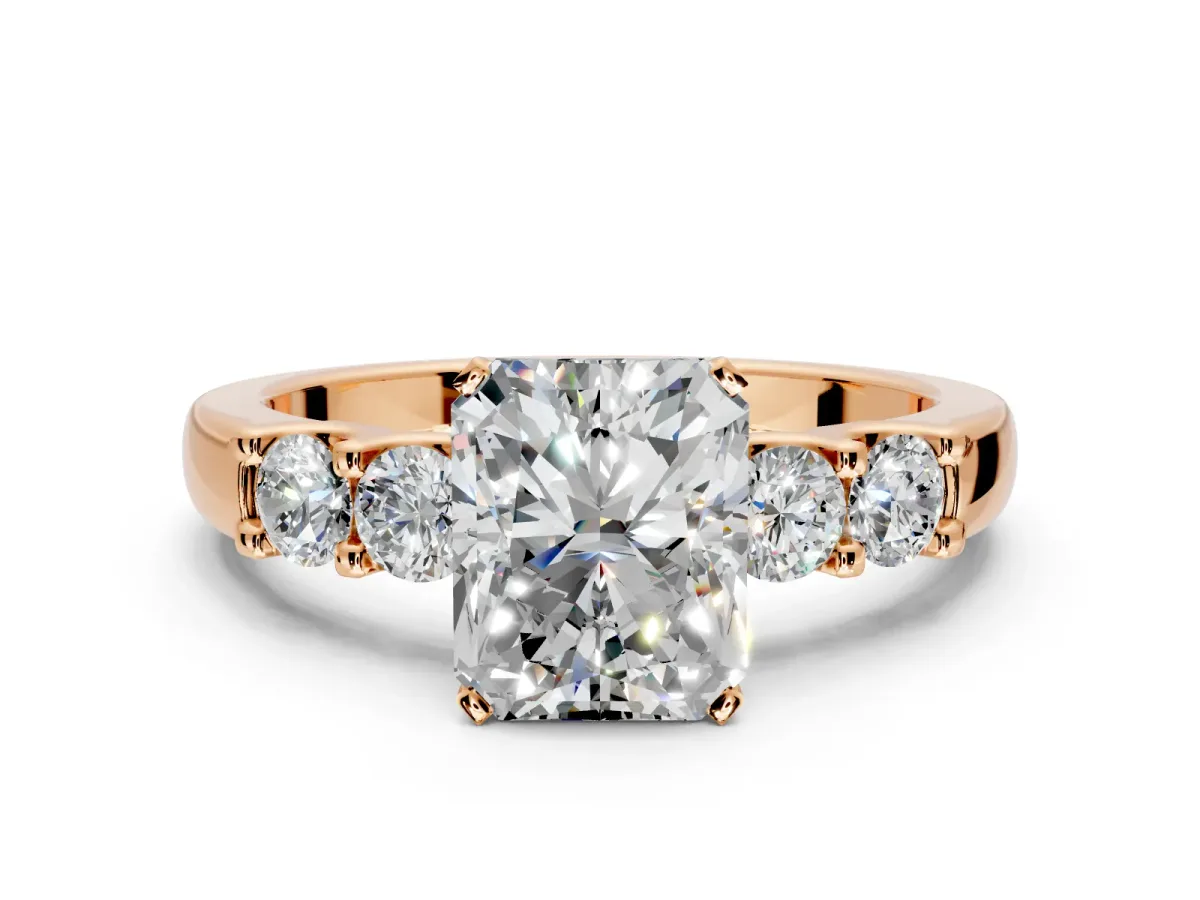 5 Stone Engagement Ring Setting for Radiant Cut Center with Plain Band and Prong Head in Rose Gold