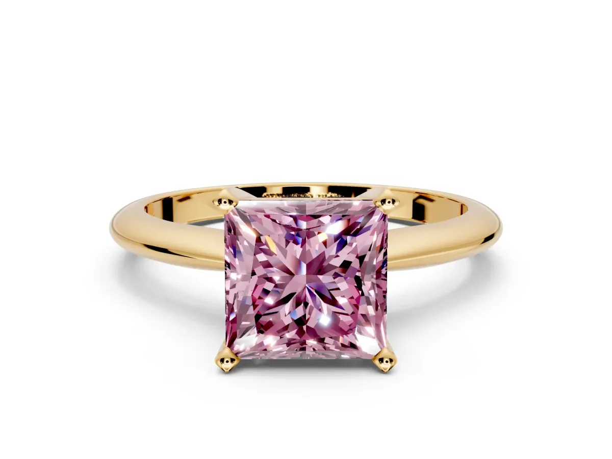 Solitaire Engagement Ring Setting for Fancy Pink Princess Cut Center with Knife Ridge Band and Claw Prong Head in Yellow Gold