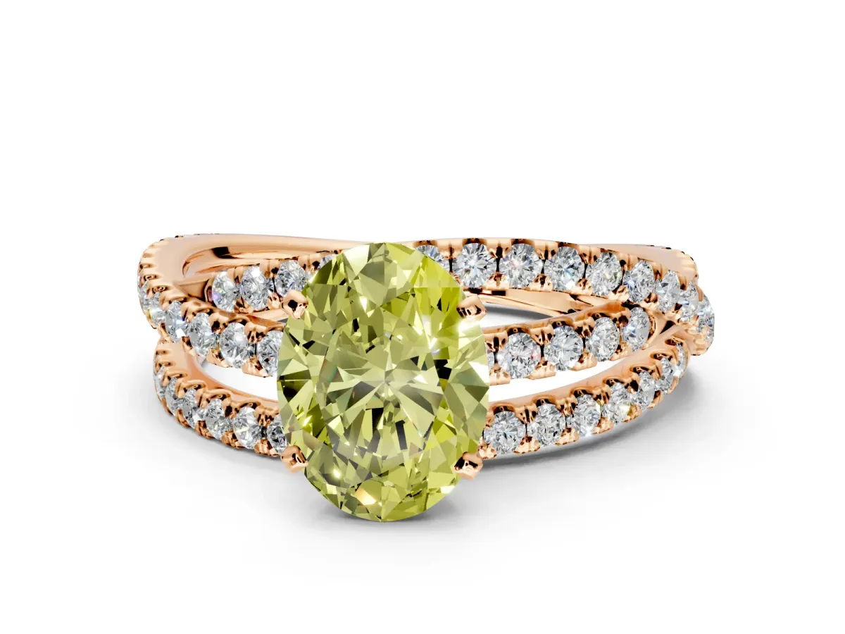 Solitaire Engagement Ring Setting for Fancy Yellow Oval Center with Woven 3-Strand Pave Band and Prong Head in Rose Gold