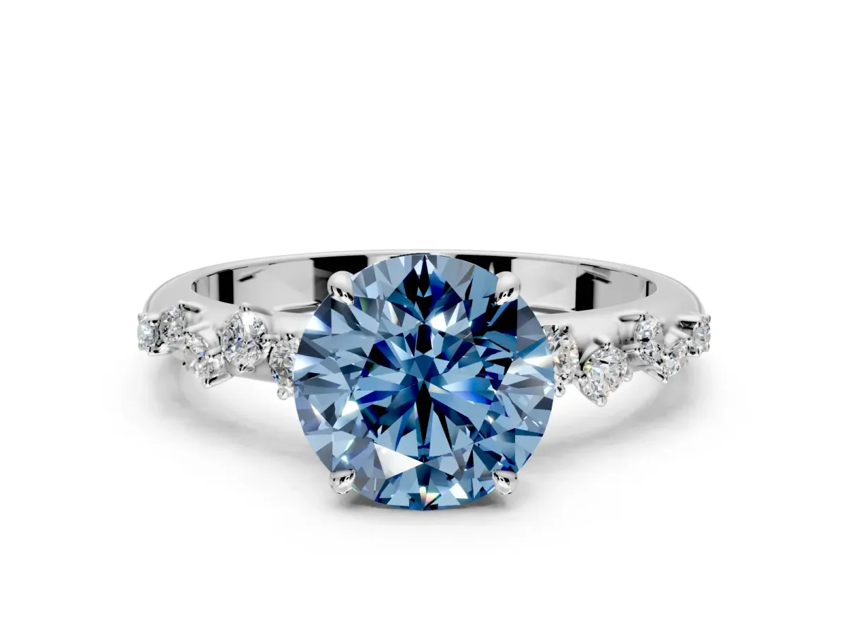 Cluster Engagement Ring Setting for Fancy Blue Round Cut Center with Round Cut Accent Band and Prong Head in White Gold