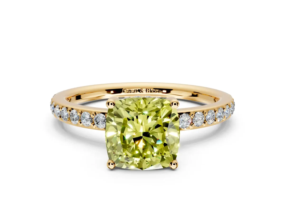 Solitaire Engagement Ring Setting for Fancy Yellow Cushion Cut Center with Fine Pave Band and Prong Head in Yellow Gold